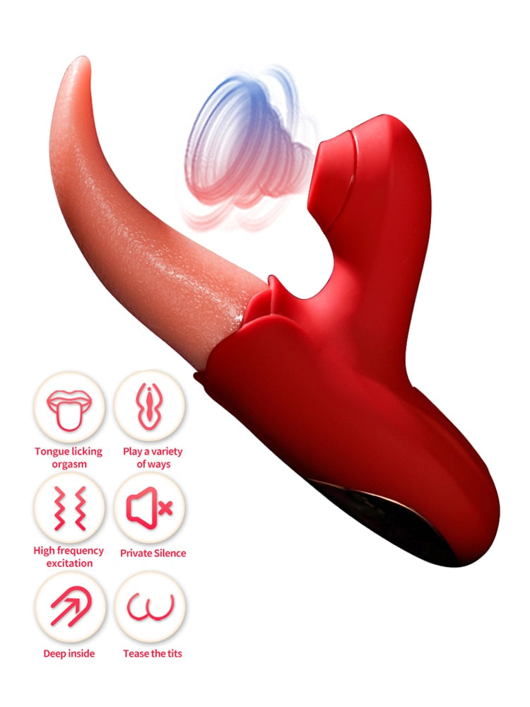 Datecapades 2 in 1 Realistic Rose Tongue with Clitoris Sucker in Red.