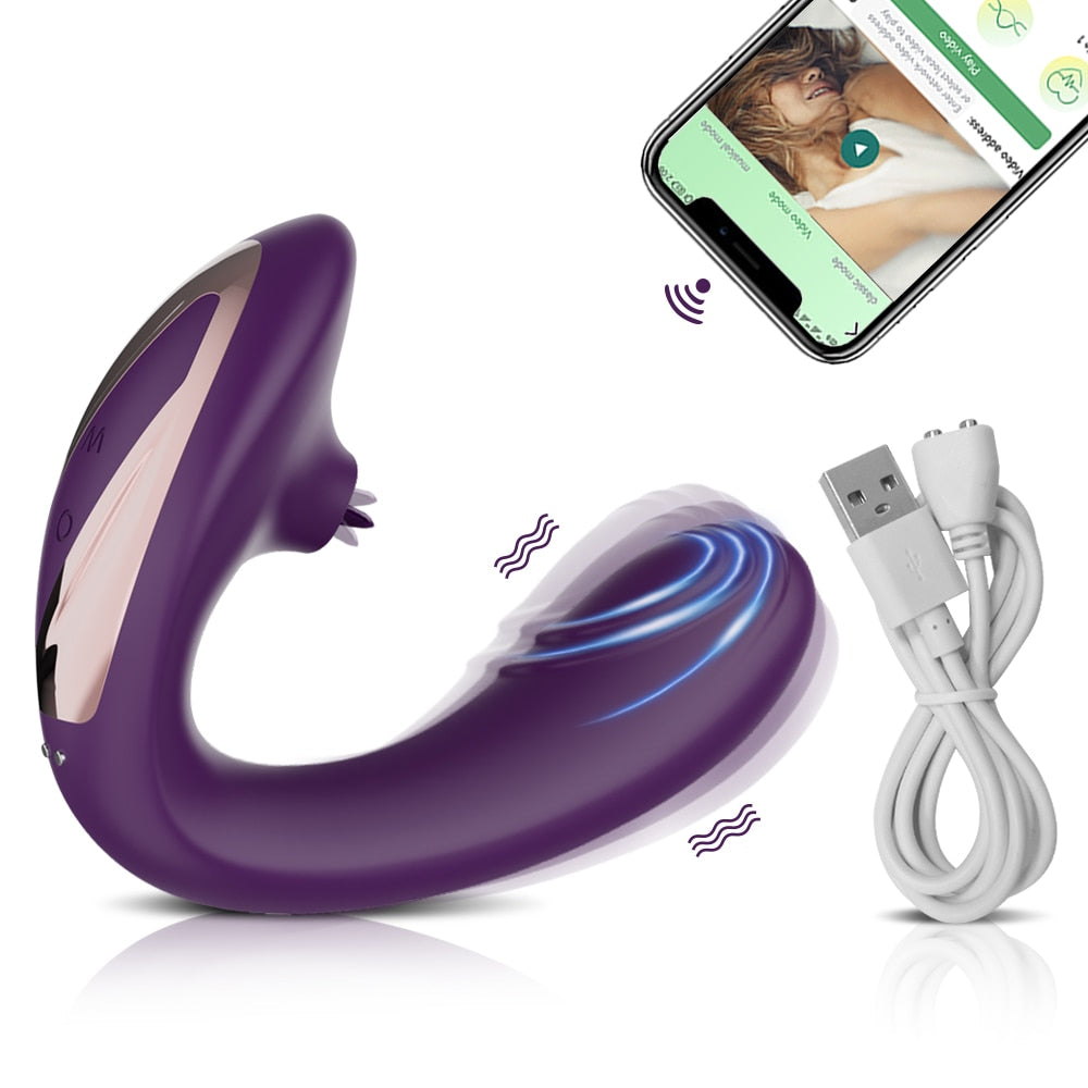 Datecapades "Got me in a Headlock" Powerful Bluetooth APP Vibrator with Tongue Licking Clitoris Stimulator in Purple.