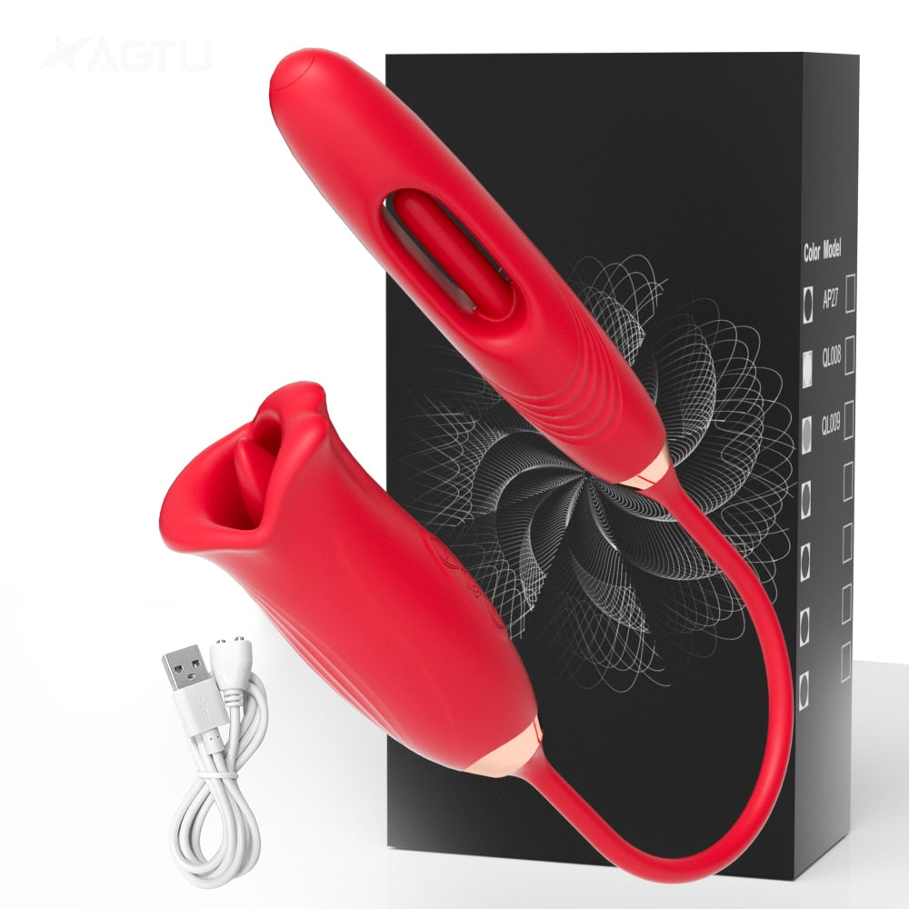 Datecapades Clit Nibbler Vibrator with Tongue and Vibrating Egg in Red.